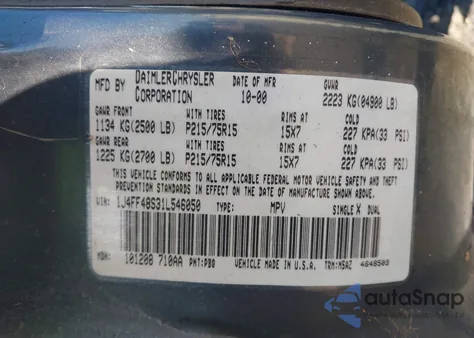 2001 Jeep Cherokee Sport из США, поврежденный, VIN 1J4FF48S31L546050